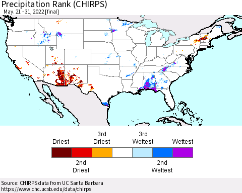 United States Precipitation Rank since 1981 (CHIRPS) Thematic Map For 5/21/2022 - 5/31/2022