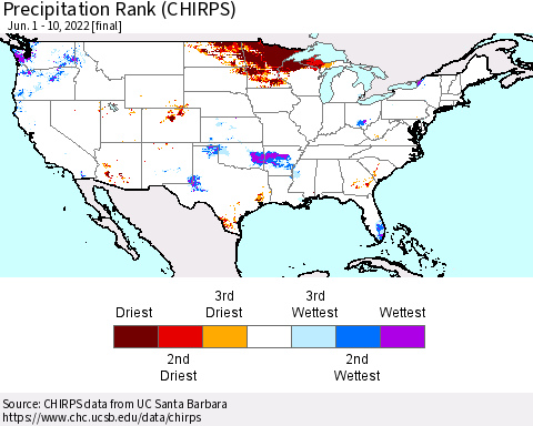 United States Precipitation Rank (CHIRPS) Thematic Map For 6/1/2022 - 6/10/2022