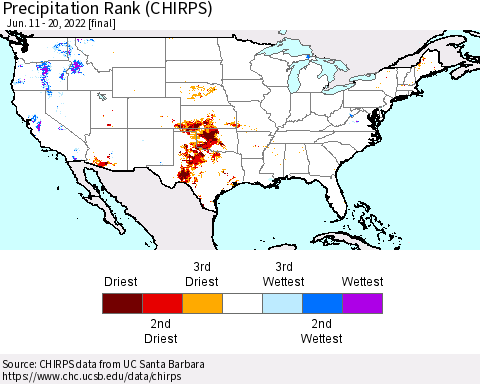 United States Precipitation Rank (CHIRPS) Thematic Map For 6/11/2022 - 6/20/2022