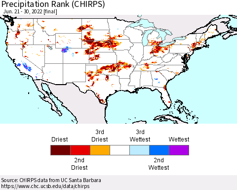 United States Precipitation Rank since 1981 (CHIRPS) Thematic Map For 6/21/2022 - 6/30/2022