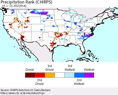 United States Precipitation Rank since 1981 (CHIRPS) Thematic Map For 7/1/2022 - 7/10/2022