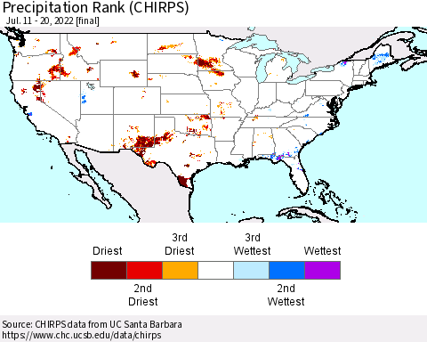 United States Precipitation Rank since 1981 (CHIRPS) Thematic Map For 7/11/2022 - 7/20/2022