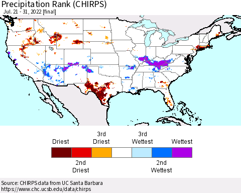 United States Precipitation Rank (CHIRPS) Thematic Map For 7/21/2022 - 7/31/2022