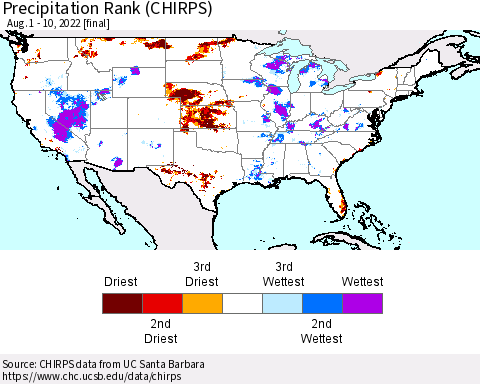 United States Precipitation Rank since 1981 (CHIRPS) Thematic Map For 8/1/2022 - 8/10/2022