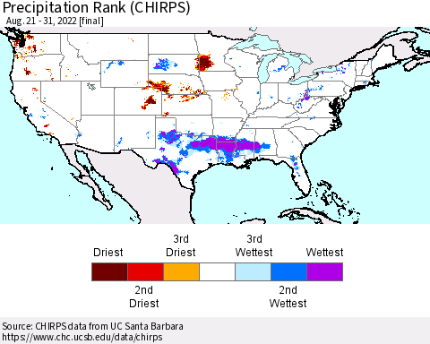 United States Precipitation Rank since 1981 (CHIRPS) Thematic Map For 8/21/2022 - 8/31/2022