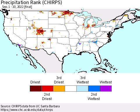United States Precipitation Rank since 1981 (CHIRPS) Thematic Map For 9/1/2022 - 9/10/2022