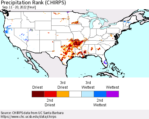 United States Precipitation Rank since 1981 (CHIRPS) Thematic Map For 9/11/2022 - 9/20/2022