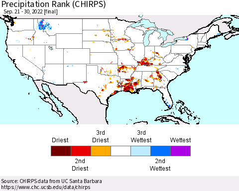 United States Precipitation Rank since 1981 (CHIRPS) Thematic Map For 9/21/2022 - 9/30/2022