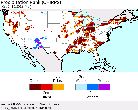 United States Precipitation Rank since 1981 (CHIRPS) Thematic Map For 10/1/2022 - 10/10/2022