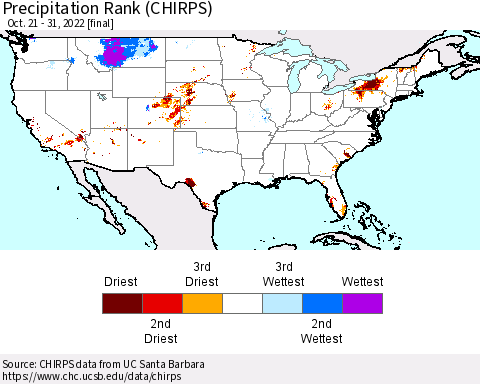 United States Precipitation Rank since 1981 (CHIRPS) Thematic Map For 10/21/2022 - 10/31/2022