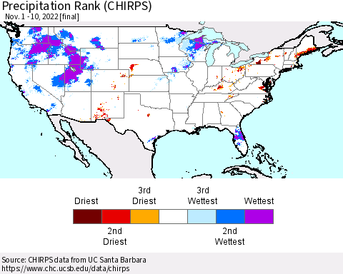 United States Precipitation Rank (CHIRPS) Thematic Map For 11/1/2022 - 11/10/2022
