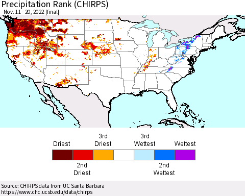 United States Precipitation Rank since 1981 (CHIRPS) Thematic Map For 11/11/2022 - 11/20/2022