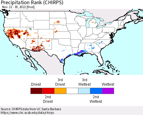 United States Precipitation Rank since 1981 (CHIRPS) Thematic Map For 11/21/2022 - 11/30/2022