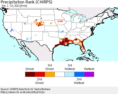 United States Precipitation Rank (CHIRPS) Thematic Map For 12/1/2022 - 12/10/2022