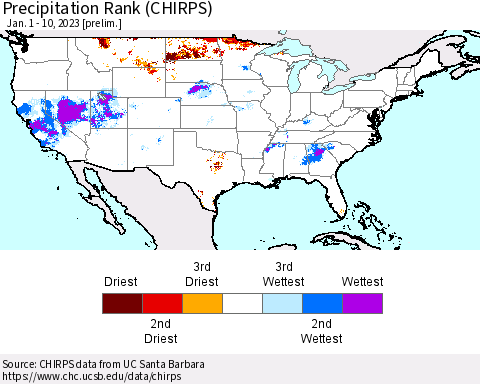 United States Precipitation Rank (CHIRPS) Thematic Map For 1/1/2023 - 1/10/2023