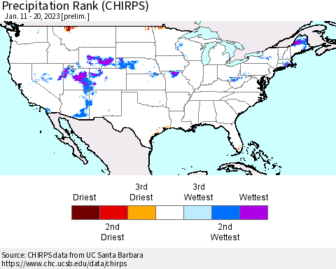 United States Precipitation Rank (CHIRPS) Thematic Map For 1/11/2023 - 1/20/2023