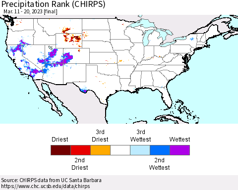 United States Precipitation Rank since 1981 (CHIRPS) Thematic Map For 3/11/2023 - 3/20/2023