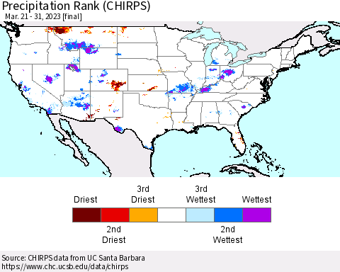United States Precipitation Rank since 1981 (CHIRPS) Thematic Map For 3/21/2023 - 3/31/2023