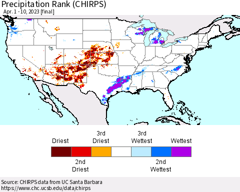 United States Precipitation Rank since 1981 (CHIRPS) Thematic Map For 4/1/2023 - 4/10/2023
