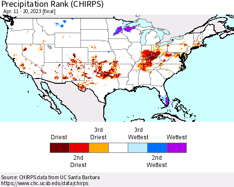 United States Precipitation Rank since 1981 (CHIRPS) Thematic Map For 4/11/2023 - 4/20/2023