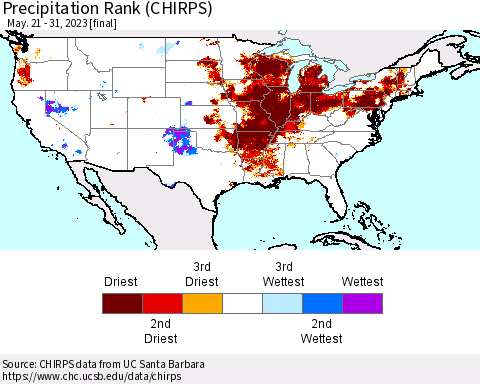United States Precipitation Rank since 1981 (CHIRPS) Thematic Map For 5/21/2023 - 5/31/2023