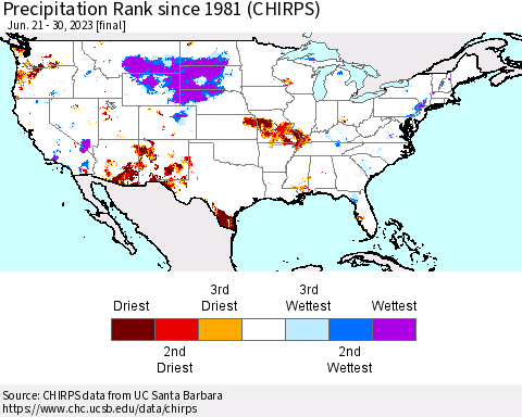 United States Precipitation Rank since 1981 (CHIRPS) Thematic Map For 6/21/2023 - 6/30/2023