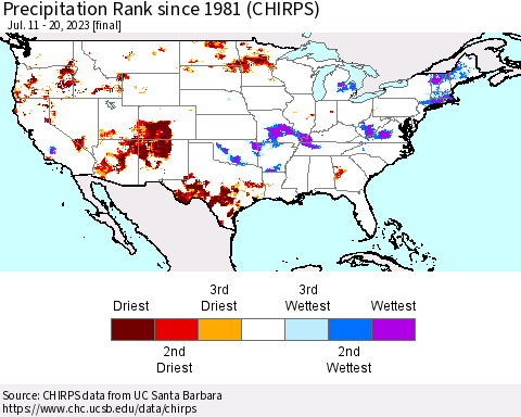 United States Precipitation Rank since 1981 (CHIRPS) Thematic Map For 7/11/2023 - 7/20/2023