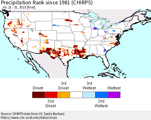 United States Precipitation Rank since 1981 (CHIRPS) Thematic Map For 7/21/2023 - 7/31/2023