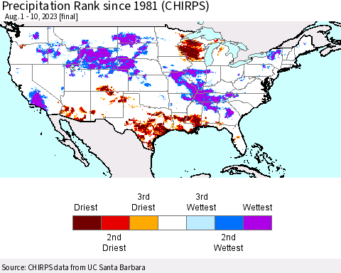 United States Precipitation Rank since 1981 (CHIRPS) Thematic Map For 8/1/2023 - 8/10/2023
