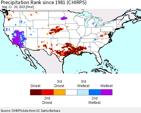 United States Precipitation Rank since 1981 (CHIRPS) Thematic Map For 8/11/2023 - 8/20/2023