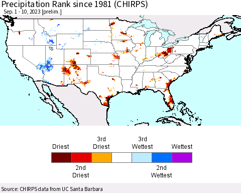 United States Precipitation Rank since 1981 (CHIRPS) Thematic Map For 9/1/2023 - 9/10/2023