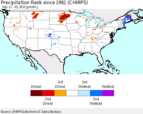 United States Precipitation Rank since 1981 (CHIRPS) Thematic Map For 9/11/2023 - 9/20/2023