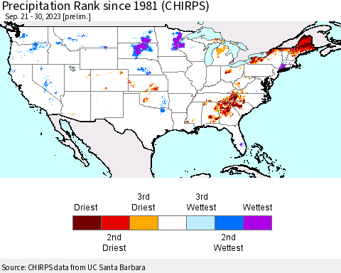 United States Precipitation Rank since 1981 (CHIRPS) Thematic Map For 9/21/2023 - 9/30/2023