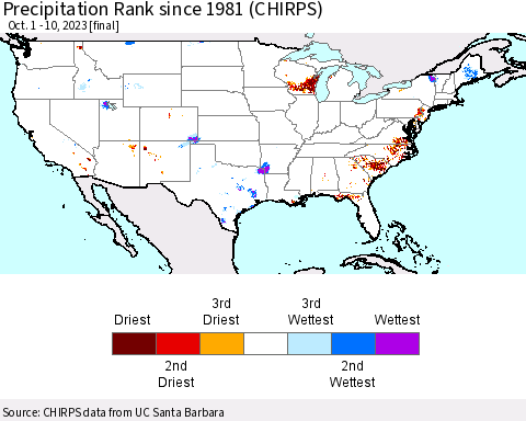 United States Precipitation Rank since 1981 (CHIRPS) Thematic Map For 10/1/2023 - 10/10/2023