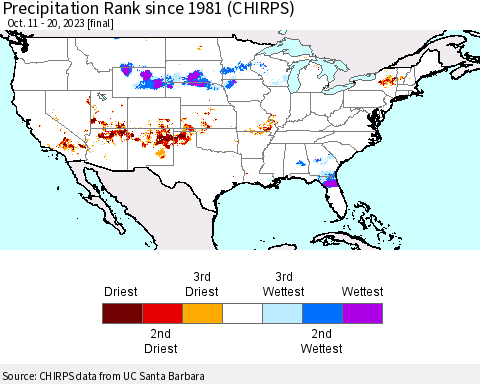 United States Precipitation Rank since 1981 (CHIRPS) Thematic Map For 10/11/2023 - 10/20/2023