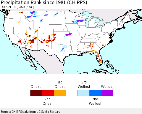 United States Precipitation Rank since 1981 (CHIRPS) Thematic Map For 10/21/2023 - 10/31/2023