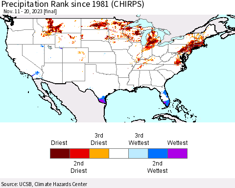 United States Precipitation Rank since 1981 (CHIRPS) Thematic Map For 11/11/2023 - 11/20/2023