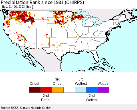 United States Precipitation Rank since 1981 (CHIRPS) Thematic Map For 11/21/2023 - 11/30/2023