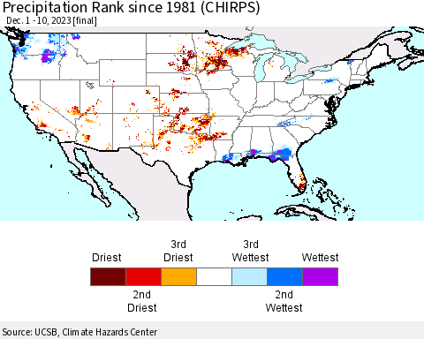 United States Precipitation Rank since 1981 (CHIRPS) Thematic Map For 12/1/2023 - 12/10/2023