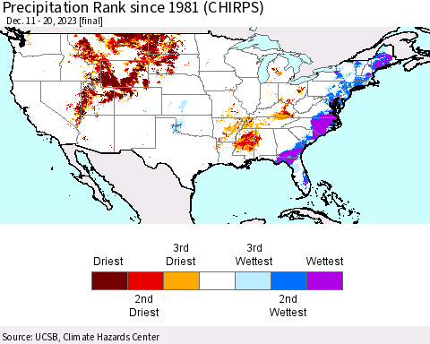 United States Precipitation Rank since 1981 (CHIRPS) Thematic Map For 12/11/2023 - 12/20/2023
