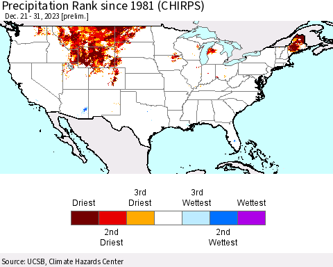United States Precipitation Rank since 1981 (CHIRPS) Thematic Map For 12/21/2023 - 12/31/2023