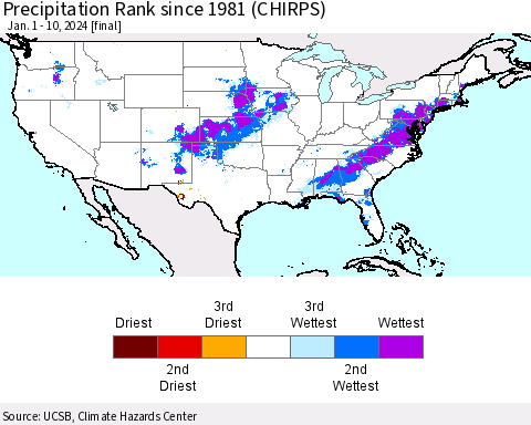 United States Precipitation Rank since 1981 (CHIRPS) Thematic Map For 1/1/2024 - 1/10/2024