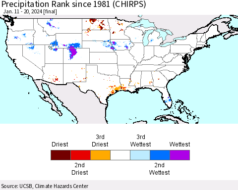 United States Precipitation Rank since 1981 (CHIRPS) Thematic Map For 1/11/2024 - 1/20/2024