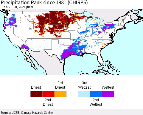 United States Precipitation Rank since 1981 (CHIRPS) Thematic Map For 1/21/2024 - 1/31/2024