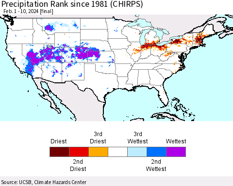 United States Precipitation Rank since 1981 (CHIRPS) Thematic Map For 2/1/2024 - 2/10/2024