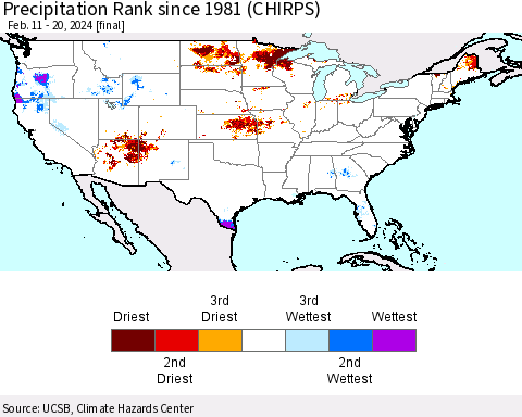 United States Precipitation Rank since 1981 (CHIRPS) Thematic Map For 2/11/2024 - 2/20/2024