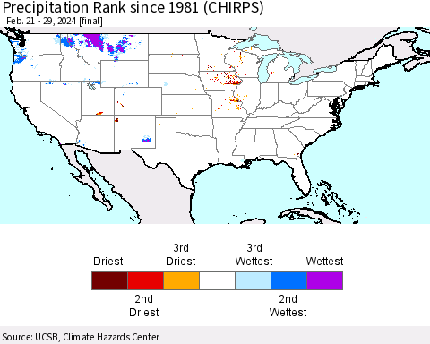 United States Precipitation Rank since 1981 (CHIRPS) Thematic Map For 2/21/2024 - 2/29/2024