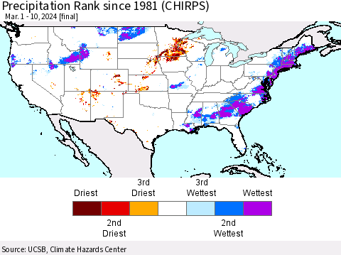 United States Precipitation Rank since 1981 (CHIRPS) Thematic Map For 3/1/2024 - 3/10/2024