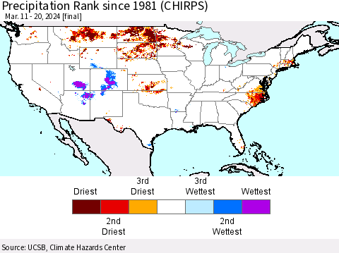 United States Precipitation Rank since 1981 (CHIRPS) Thematic Map For 3/11/2024 - 3/20/2024