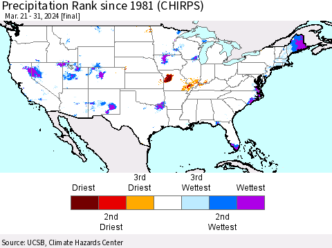 United States Precipitation Rank since 1981 (CHIRPS) Thematic Map For 3/21/2024 - 3/31/2024